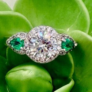 Diamonique Round Halo Design Ring w/ Emerald Accents Size 6 EUC